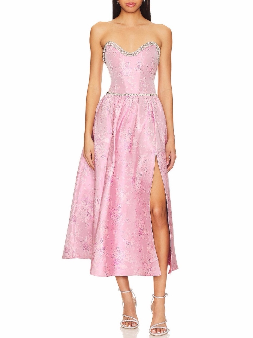 V. Chapman Lucia corset Pink Brocade Midi Dress with Beaded Trim